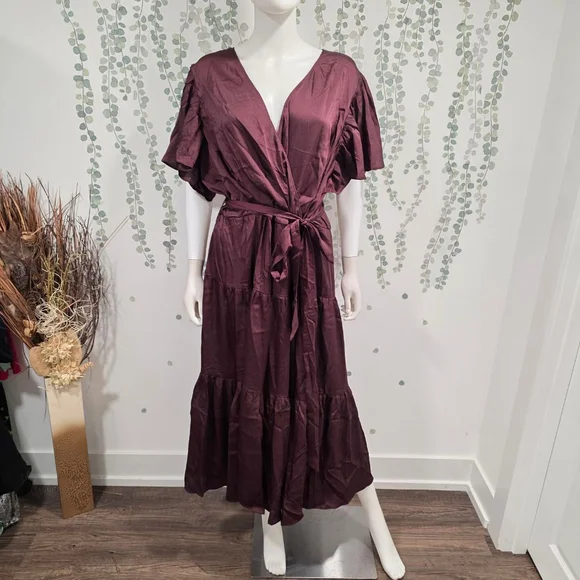 City Chic Sweetness Maxi Tiered Dress Oxblood Faux Wrap Belt Size L 20 NWT - Picture 3 of 9